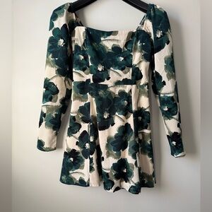 Long-Sleeve Crepe Mini Dress, green floral, size small